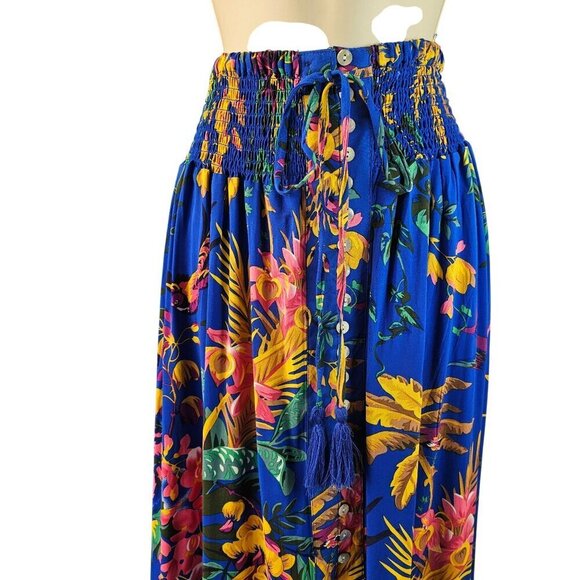 Cynthia Rowley Cinch Waist Maxi Skirt Sz M Tropical Blue Rayon Button Tie Front - Picture 8 of 10